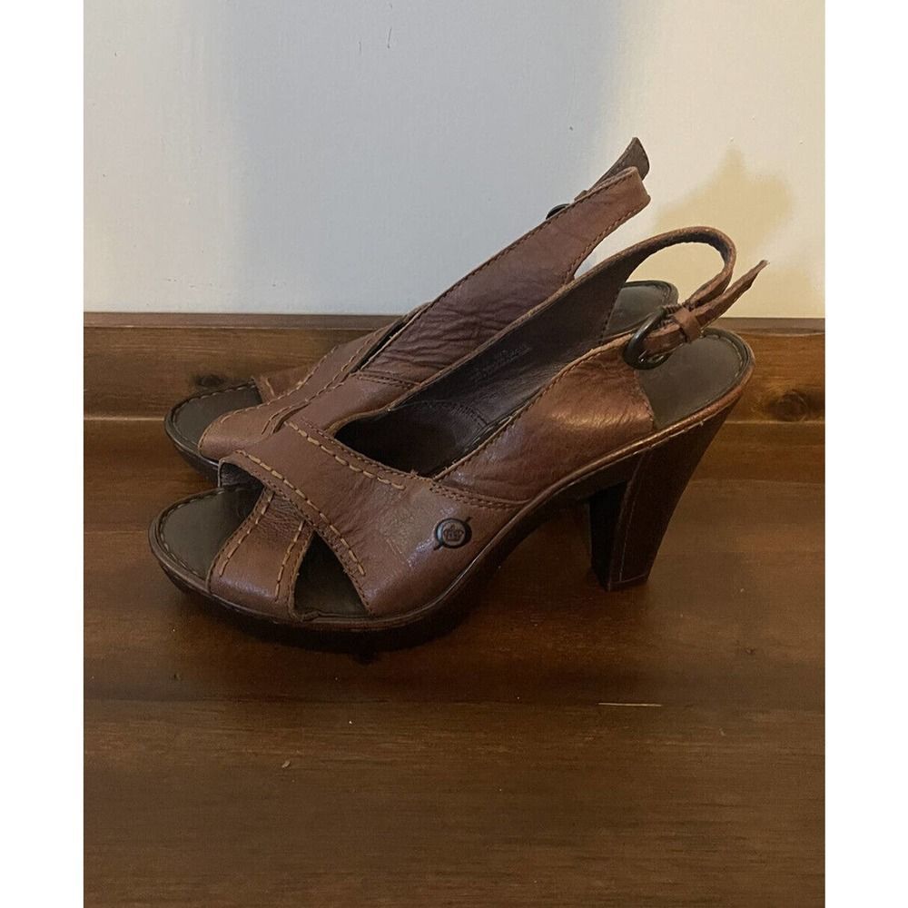 Born Women’s Platform Slingback Sandal Brown Leather size 9M Heels Peep Toe